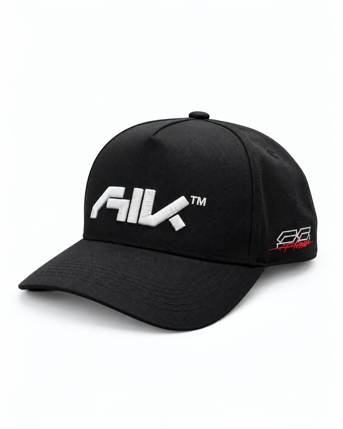 Black embroidered five-panel cap, front three-quarter view
